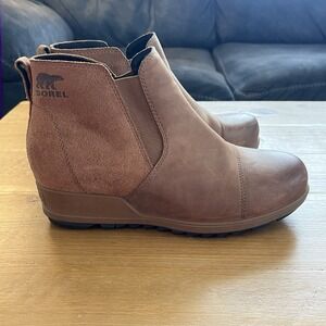 Sorel Evie Pull-On Bootie Women's Size 10 Brown Tan Leather Chelsea Wedge